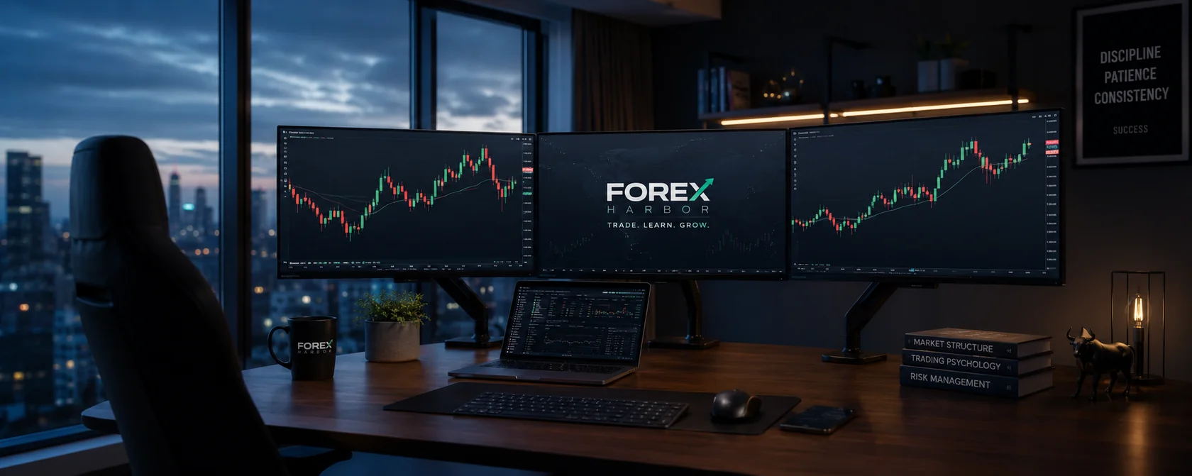 Forex Harbor trading setup with charts across multiple monitors